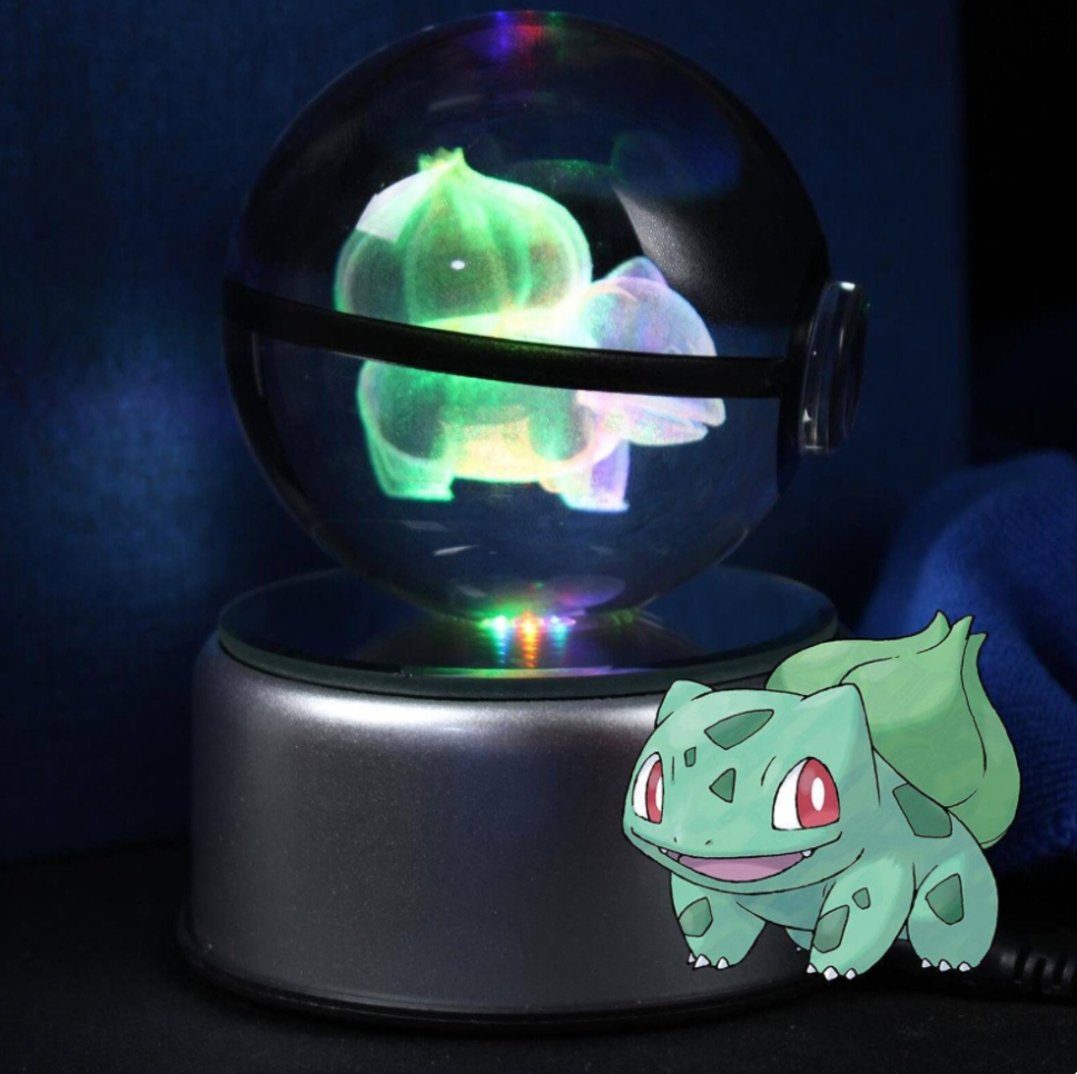 Bulbasaur Large Crystal Pokeball 3D Laser Engraving